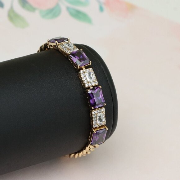"Rose Gold Bracelet with Purple and CZ Rectangle Stones, XPBL0821 - Picture 9 of 12